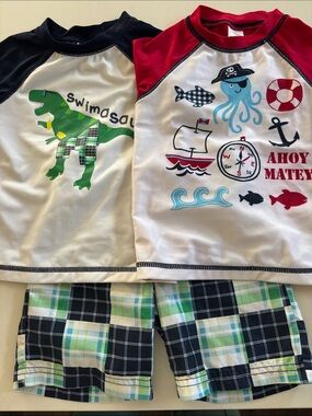 Gymboree Lot of 3 Boys 18-24 Months Plaid Swim Trunks and 2 Rashguards